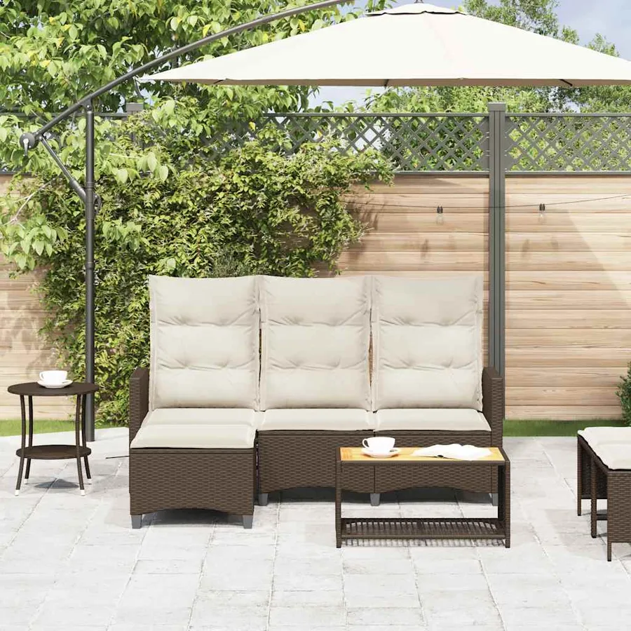 Canapé de jardin inclinable coussins forme L marron polyrotin - 3