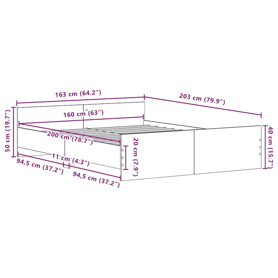 Cadre de lit sans matelas en chêne noir 160x200 cm bois d'ingénierie - 11