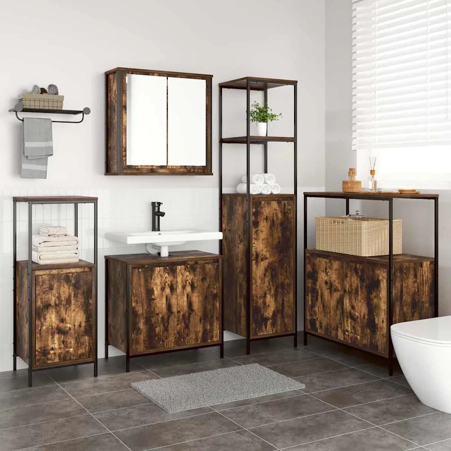 Ensemble de mobilier de salle de bain 5 pcs Chêne fumé et noir