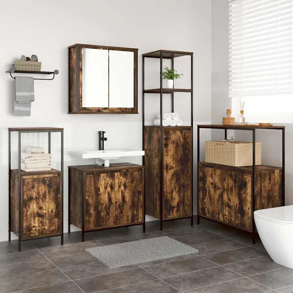 Ensemble de mobilier de salle de bain 5 pcs Chêne fumé et noir
