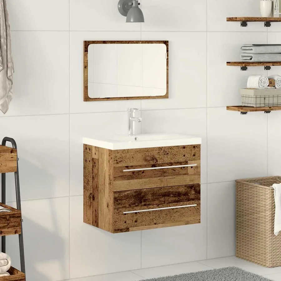 Meuble de Lavabo de Salle de Bain avec tiroir 2 pcs Bois Ancien