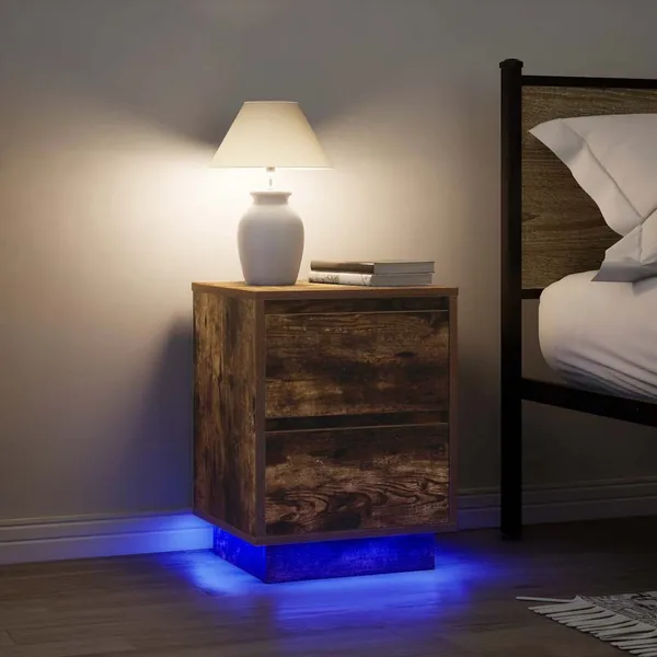 Tables de chevet avec lumières LED 2pcs chêne fumé 38x34x50 cm