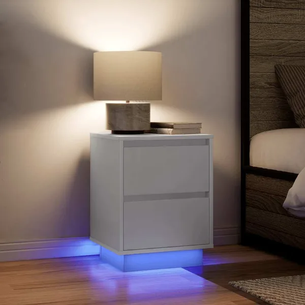 Tables de chevet avec lumières LED 2 pcs blanc 38x34x50 cm