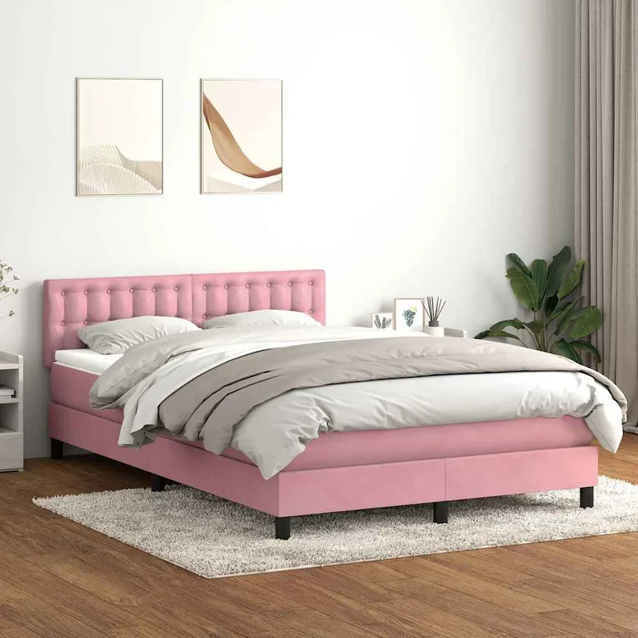Sommier à lattes de lit avec matelas et LED rose 160x220 cm velours - 4