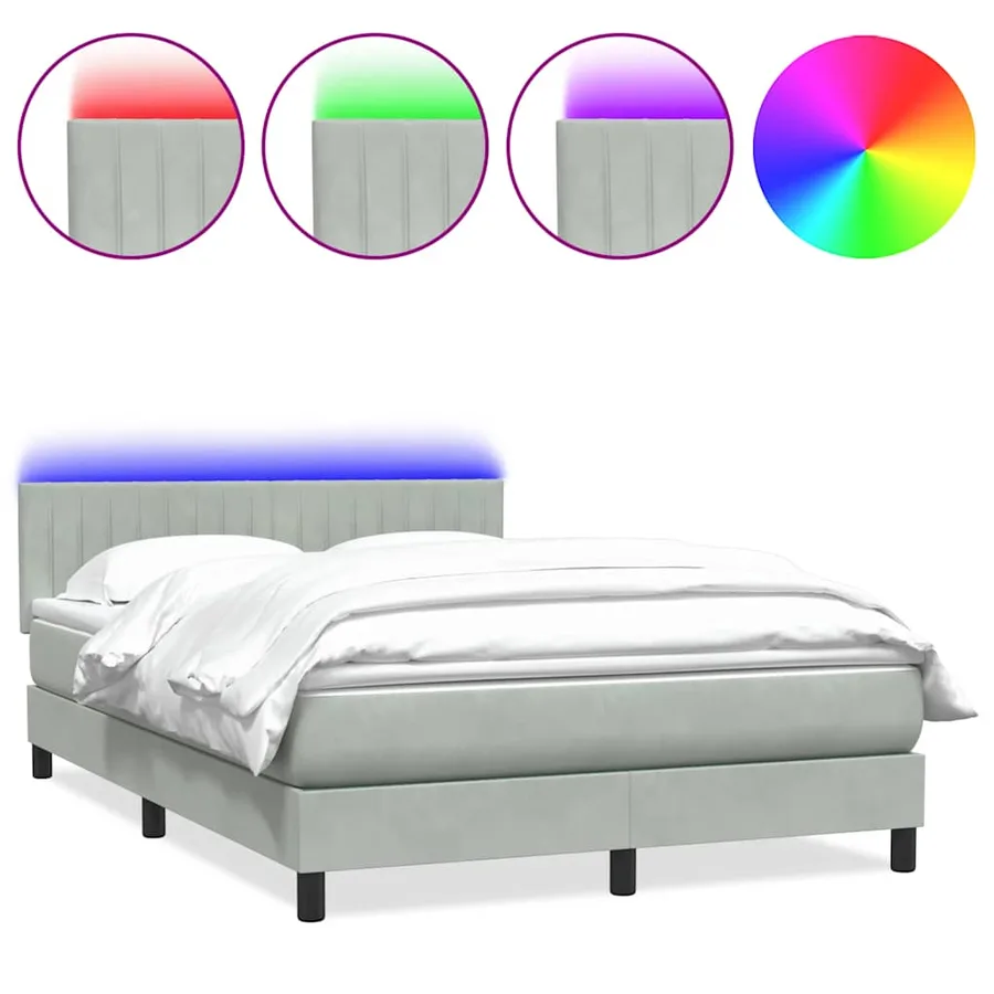 Sommier à lattes de lit et matelas et LED gris clair 160x220cm velours - 2