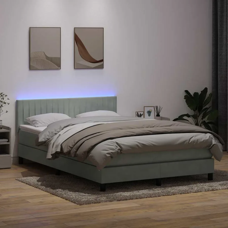 Sommier à lattes de lit et matelas et LED gris clair 160x220cm velours - 4