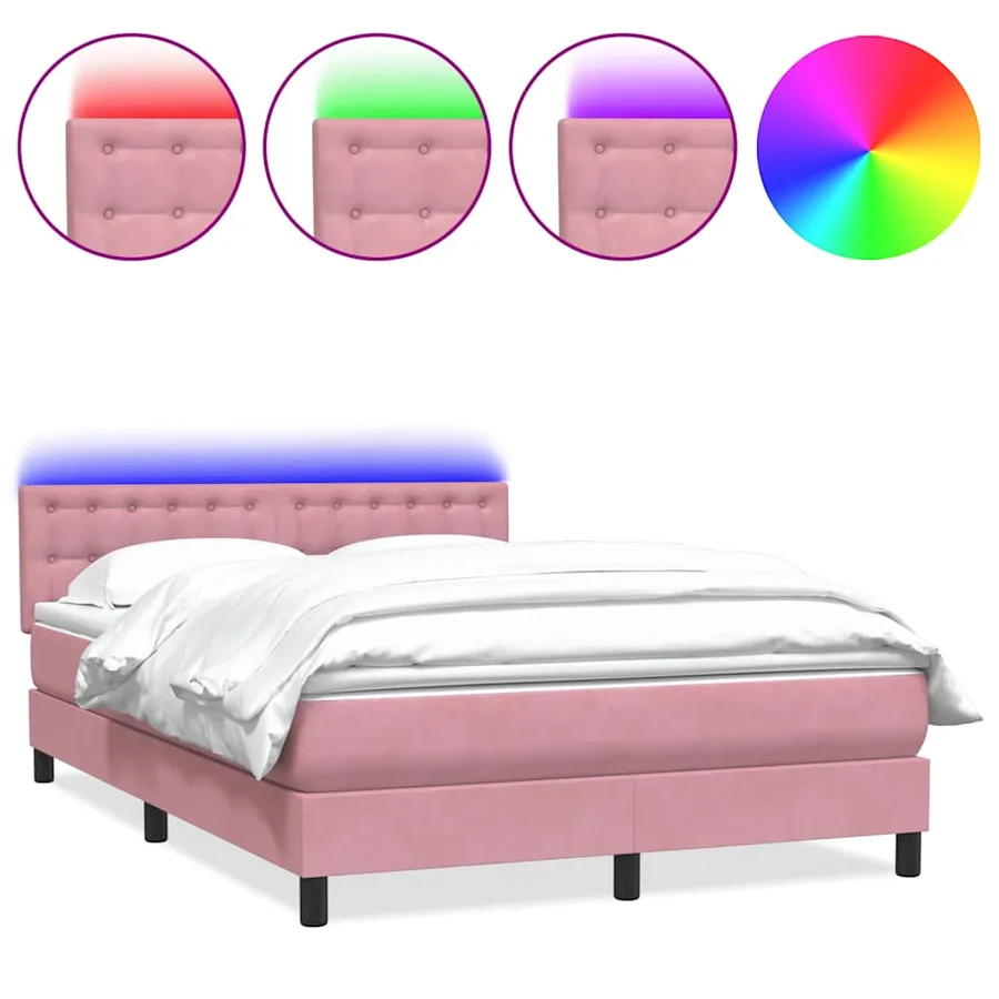 Sommier à lattes de lit avec matelas et LED rose 140x220 cm velours - 2