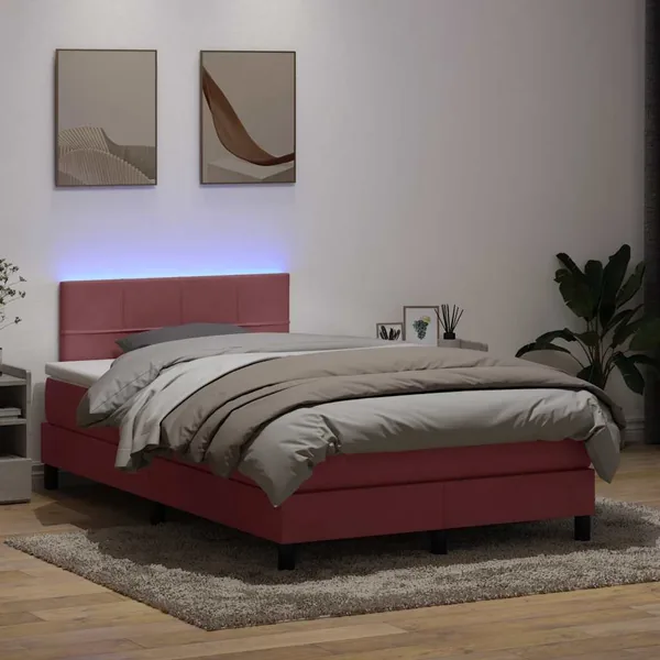 Sommier à lattes de lit avec matelas et LED rose 120x220 cm velours