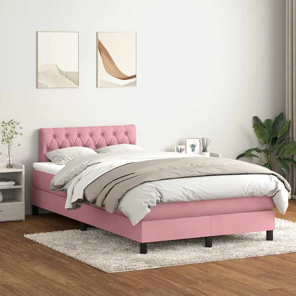 Sommier à lattes de lit avec matelas et LED rose 120x220 cm velours