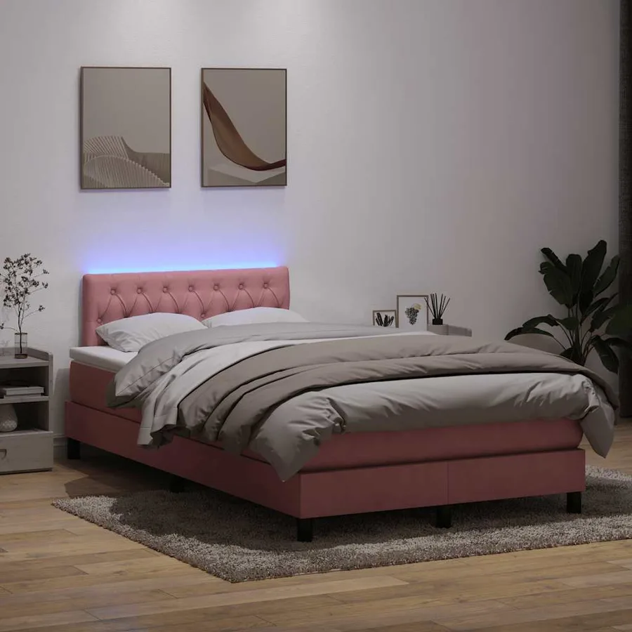 Sommier à lattes de lit avec matelas et LED rose 120x220 cm velours - 4