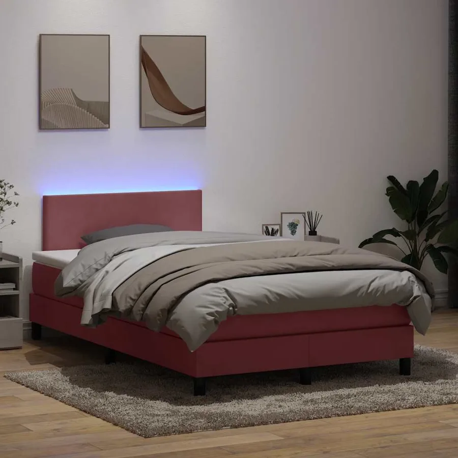 Sommier à lattes de lit avec matelas et LED rose 120x220 cm velours - 4
