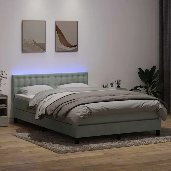 Sommier à lattes de lit et matelas et LED gris clair 140x220cm velours