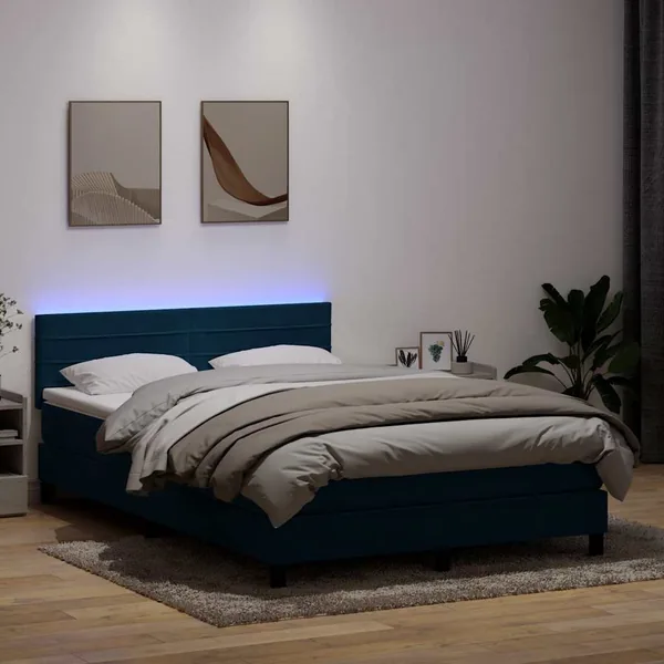 Sommier à lattes de lit et matelas et LED bleu foncé 140x220cm velours