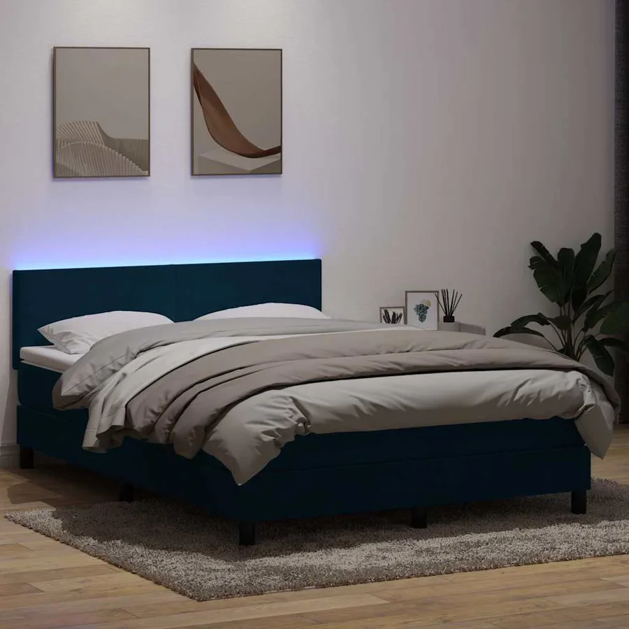 Sommier à lattes de lit et matelas et LED bleu foncé 140x220cm velours - 4