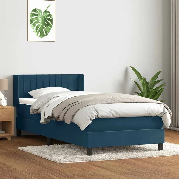 Sommier à lattes de lit et matelas bleu foncé 100x220cm velours