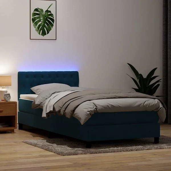 Sommier à lattes de lit et matelas et LED bleu foncé 100x220cm velours