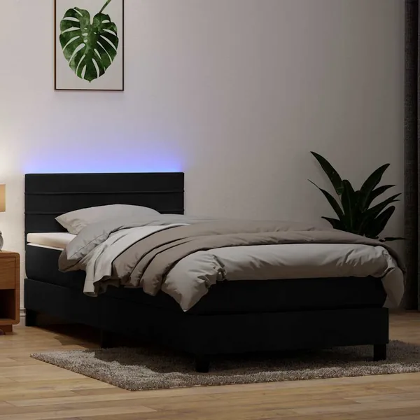 Sommier à lattes de lit avec matelas et LED noir 100x220 cm velours