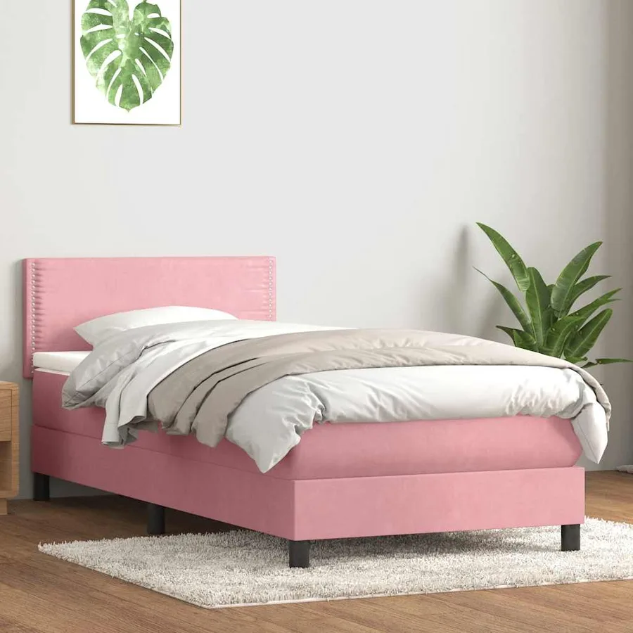 Sommier à lattes de lit avec matelas et LED rose 100x220 cm velours - 4