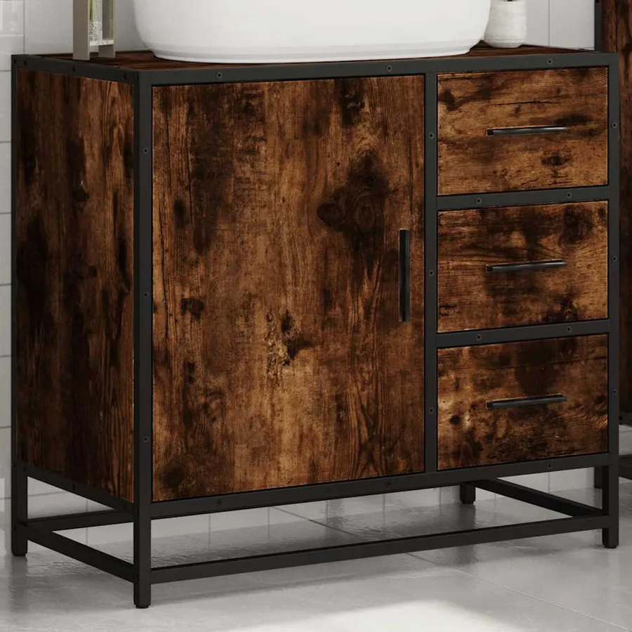 Armoire de lavabo de salle de bain chêne fumé 65x33x60 cm - 4