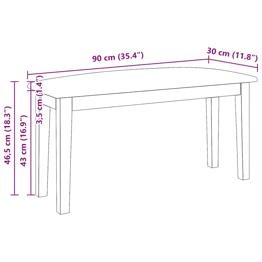 Banc 90 cm blanc bois massif caoutchouc - 9