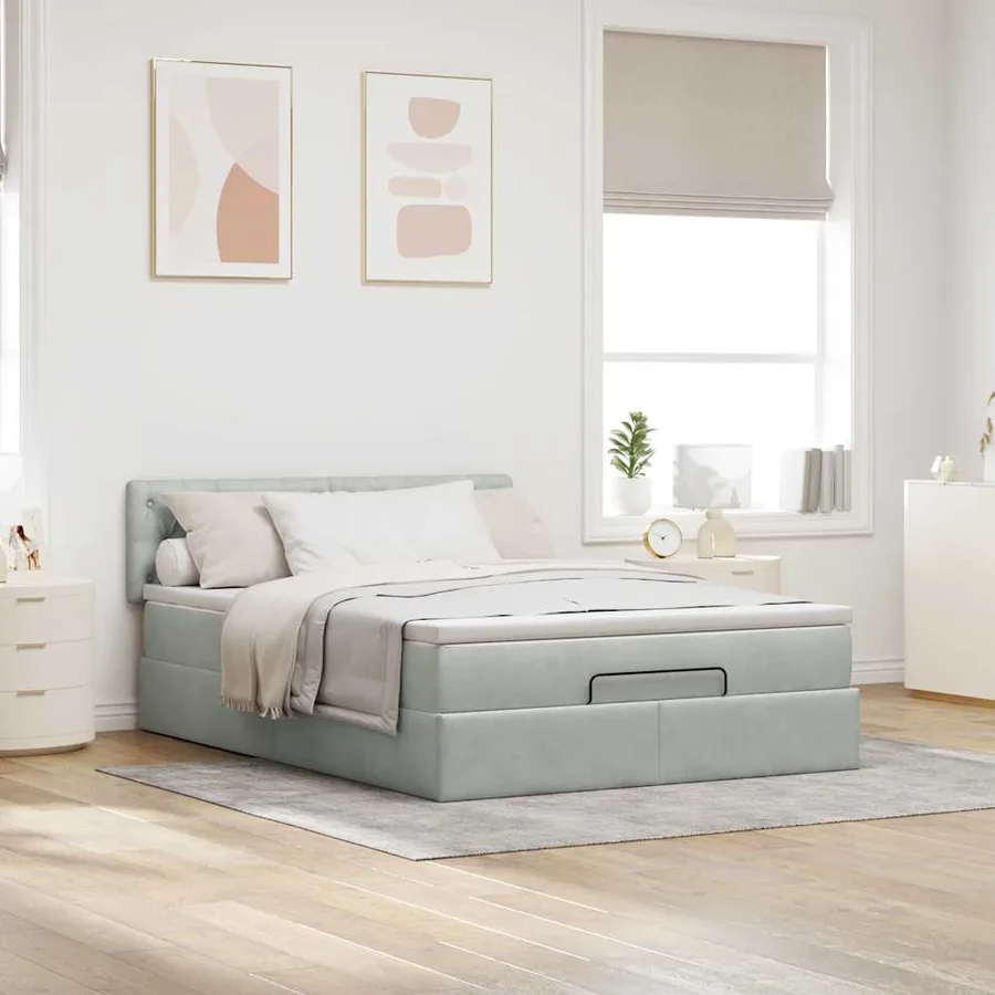 Cadre de lit ottoman et matelas gris clair 140x190 velours - 3