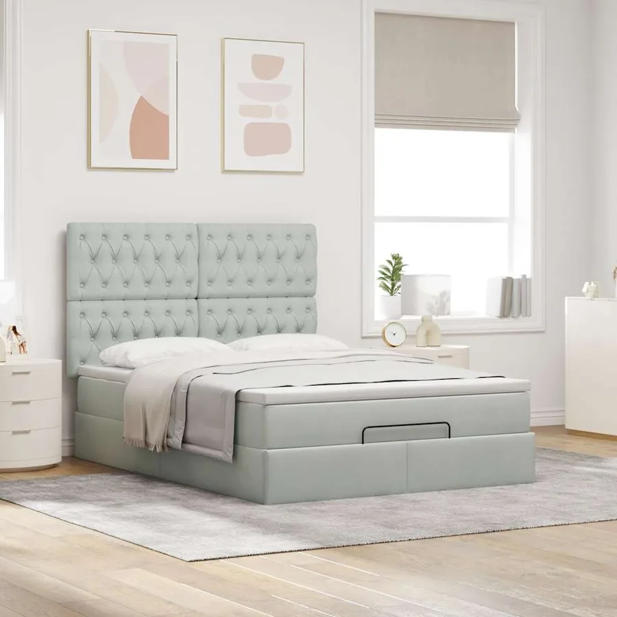 Cadre de lit ottoman et matelas gris clair 140x190 velours - 4