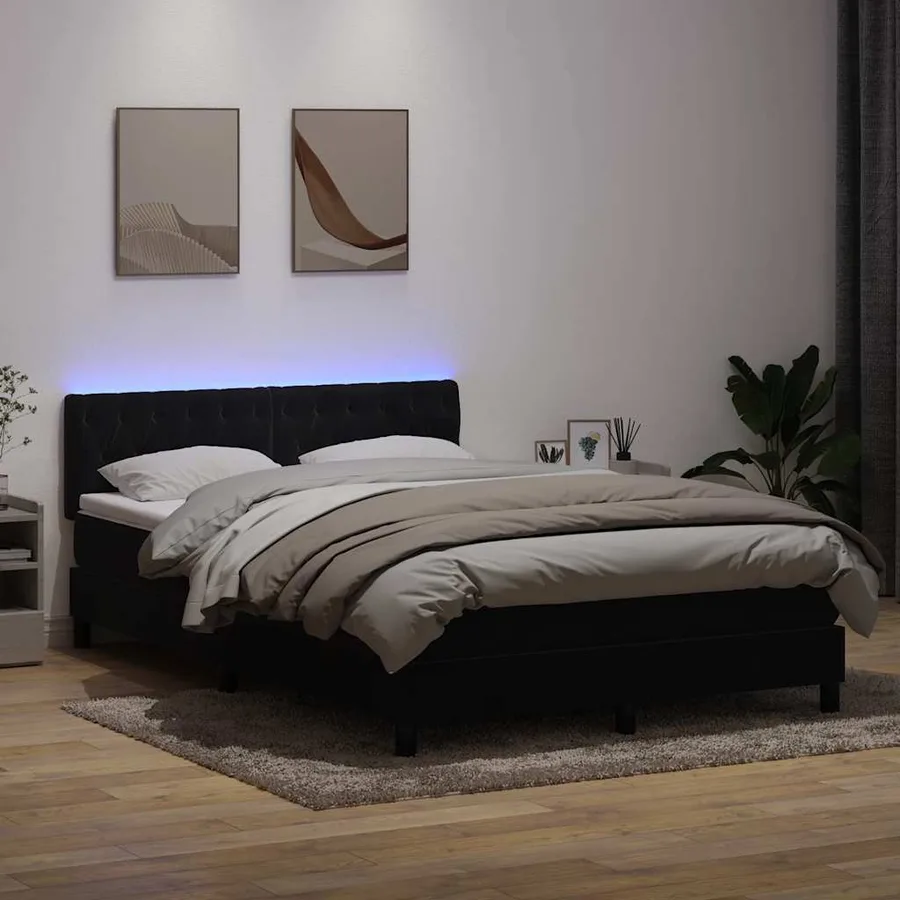 Sommier à lattes de lit avec matelas et LED noir 140x210 cm velours - 4