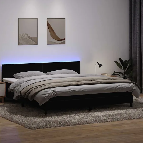 Sommier à lattes de lit avec matelas et LED noir 180x210 cm velours