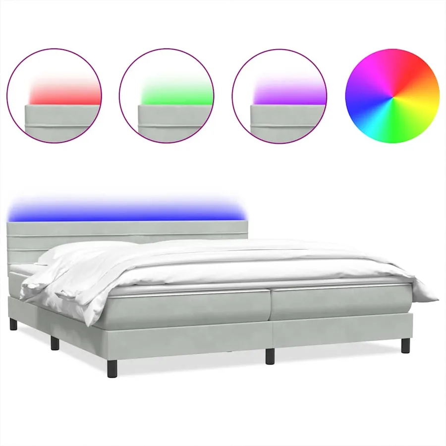 Sommier à lattes de lit et matelas et LED gris clair 180x210cm velours - 2