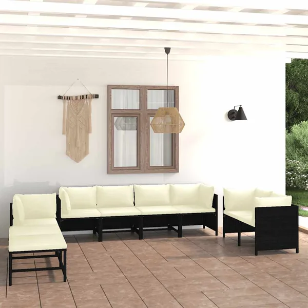 Salon de jardin 10 pcs avec coussins Résine tressée Noir