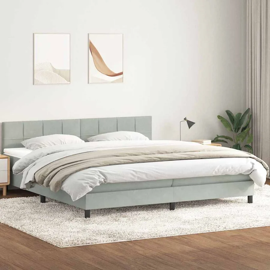 Sommier à lattes de lit et matelas et LED gris clair 180x210cm velours - 4