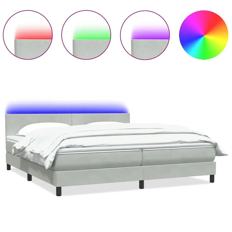 Sommier à lattes de lit et matelas et LED gris clair 180x210cm velours - 2