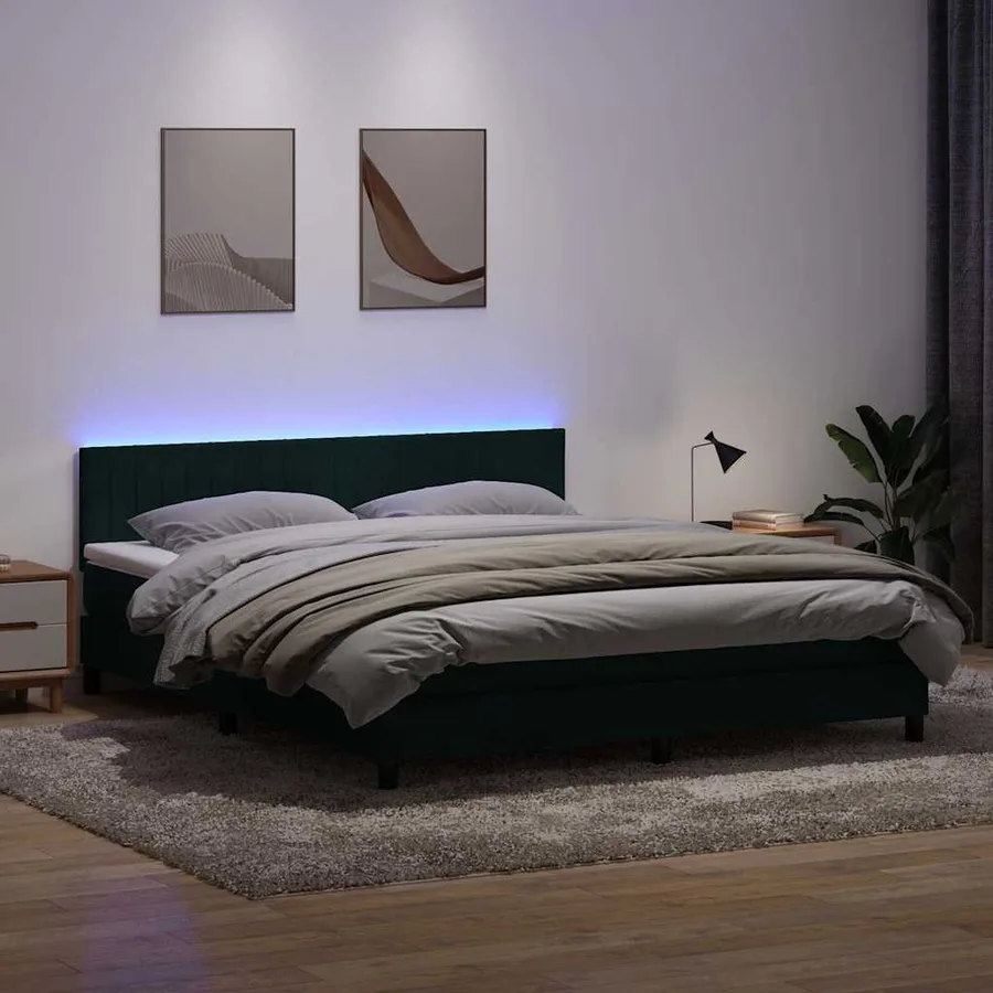 Sommier à lattes de lit et matelas et LED vert foncé 180x210cm velours - 4