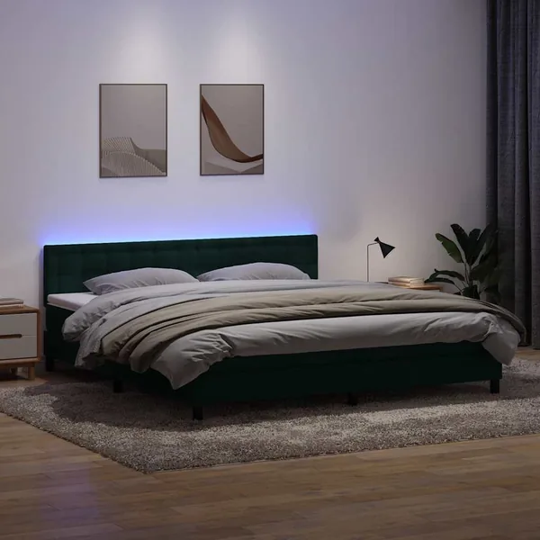 Sommier à lattes de lit et matelas et LED vert foncé 180x210cm velours