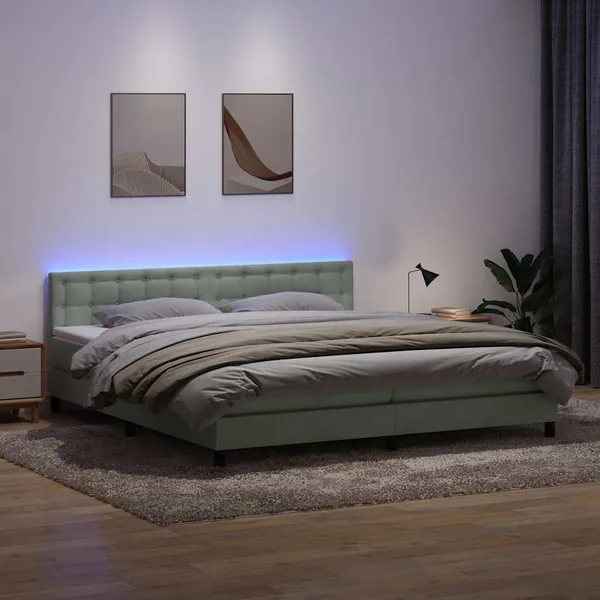 Sommier à lattes de lit et matelas et LED gris clair 180x210cm velours