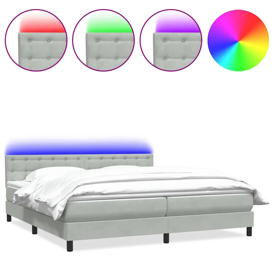 Sommier à lattes de lit et matelas et LED gris clair 180x210cm velours - 2