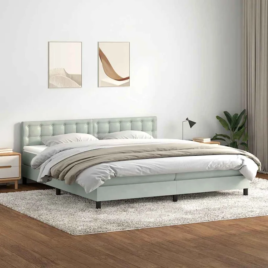 Sommier à lattes de lit et matelas et LED gris clair 180x210cm velours - 4