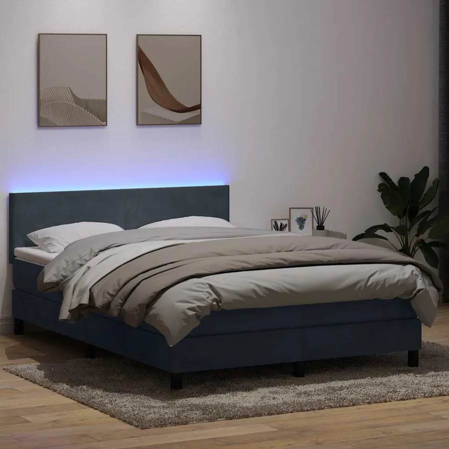 Sommier à lattes de lit et matelas et LED gris foncé 140x210cm velours - 4