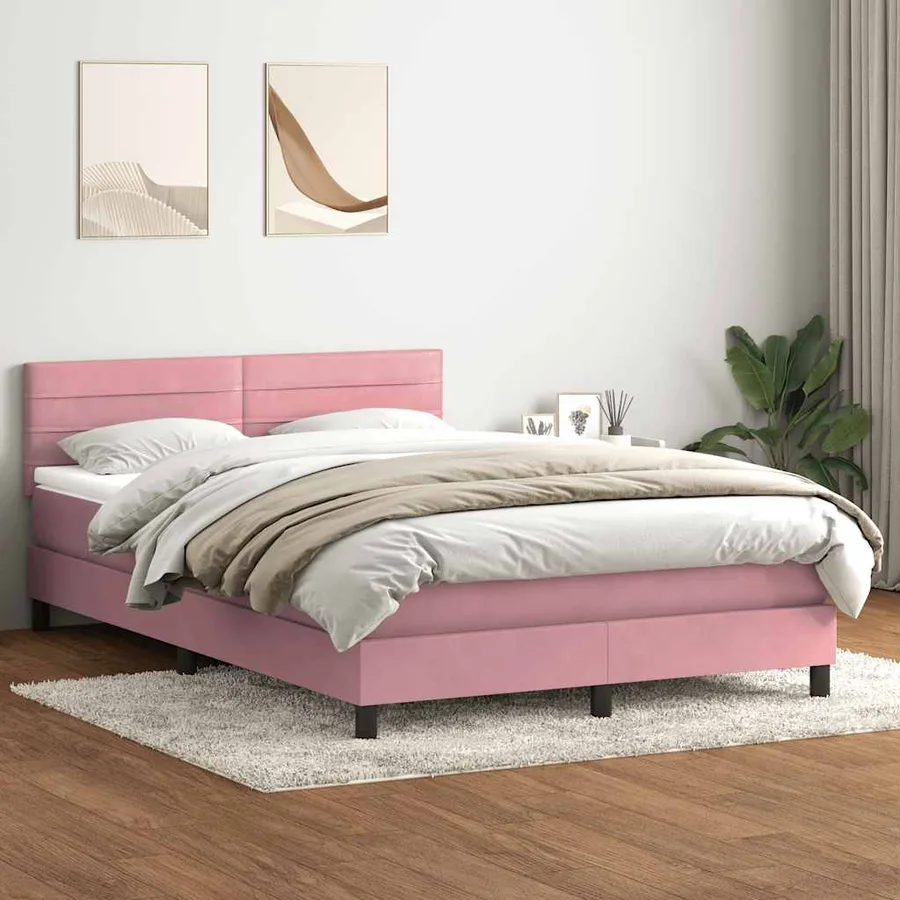 Sommier à lattes de lit avec matelas et LED rose 140x210 cm velours - 4