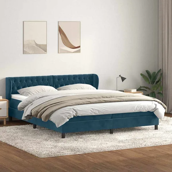 Sommier à lattes de lit et matelas bleu foncé 180x210cm velours
