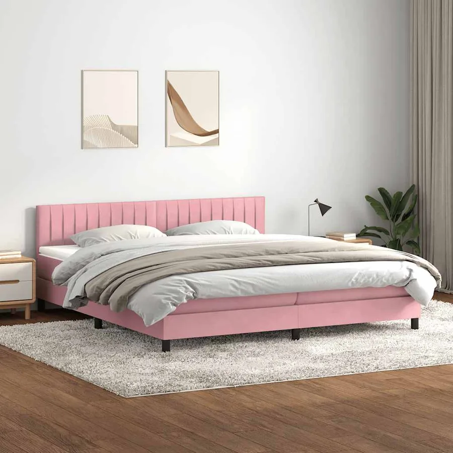 Sommier à lattes de lit avec matelas rose 180x210 cm velours - 3