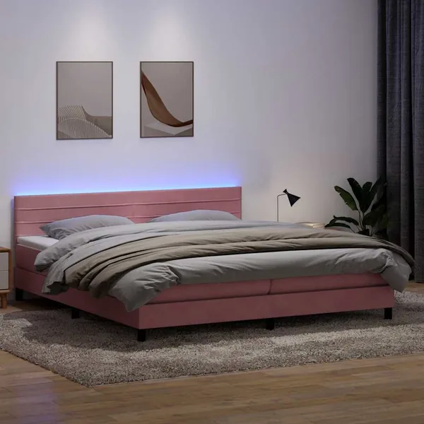 Sommier à lattes de lit avec matelas et LED rose 180x210 cm velours