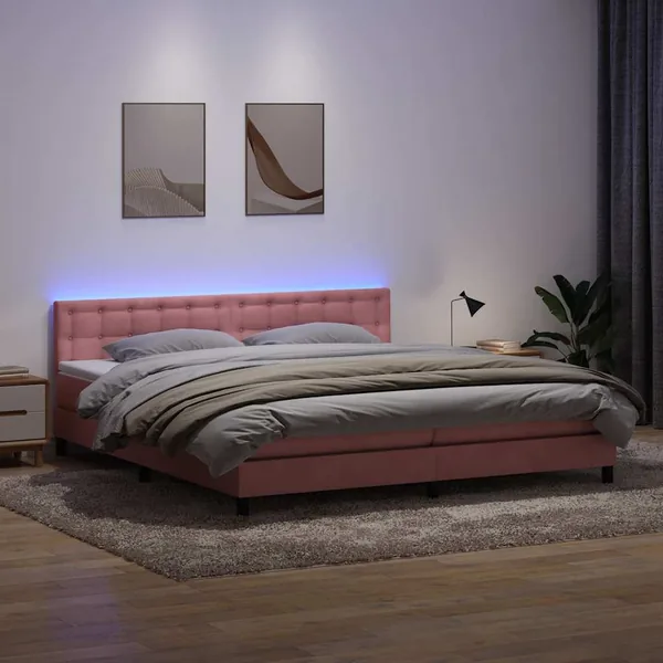 Sommier à lattes de lit avec matelas et LED rose 180x210 cm velours
