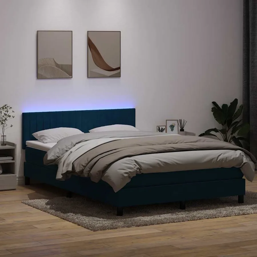 Sommier à lattes de lit et matelas et LED bleu foncé 160x210cm velours - 4