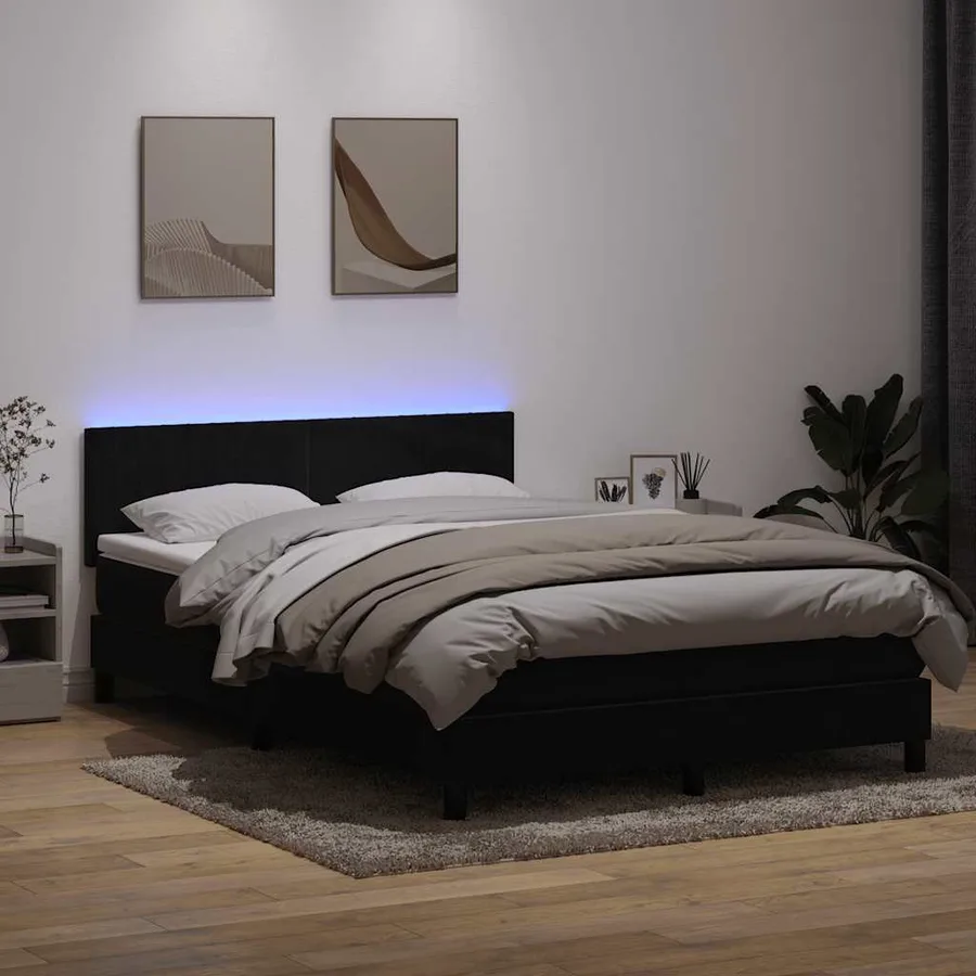 Sommier à lattes de lit avec matelas et LED noir 160x210 cm velours - 4