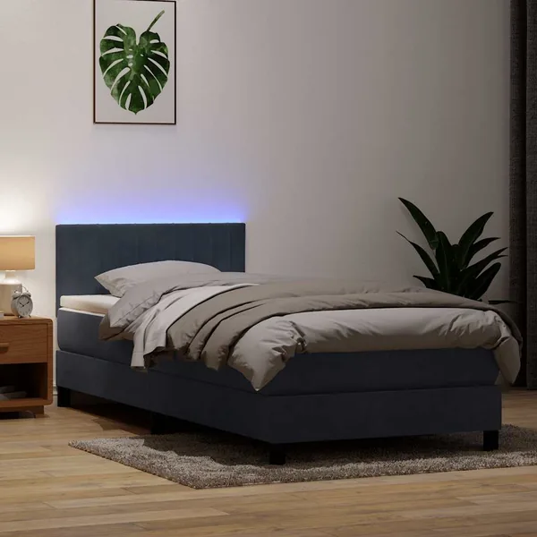 Sommier à lattes de lit et matelas et LED gris foncé 90x220 cm velours