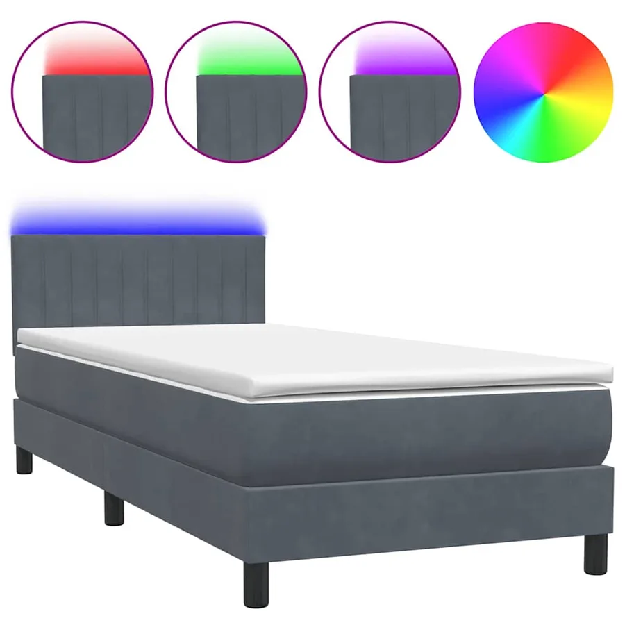 Sommier à lattes de lit et matelas et LED gris foncé 90x220 cm velours - 2