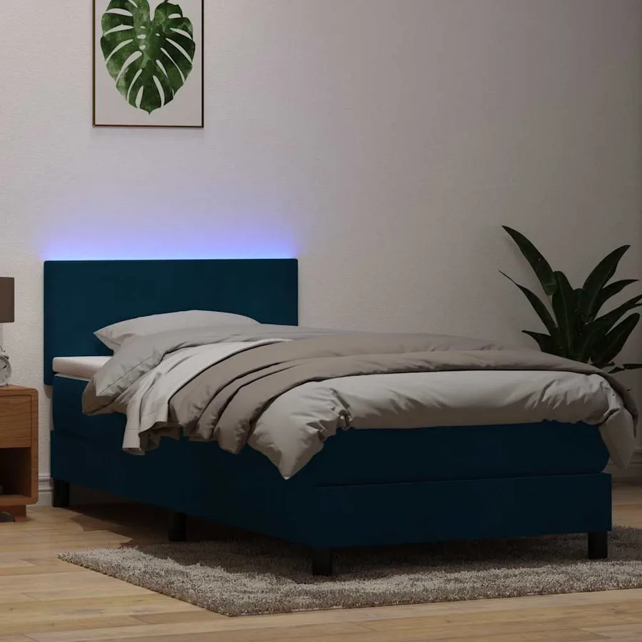 Sommier à lattes de lit et matelas et LED bleu foncé 80x220 cm velours - 4
