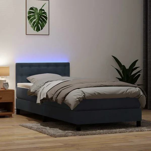 Sommier à lattes de lit et matelas et LED gris foncé 90x220 cm velours
