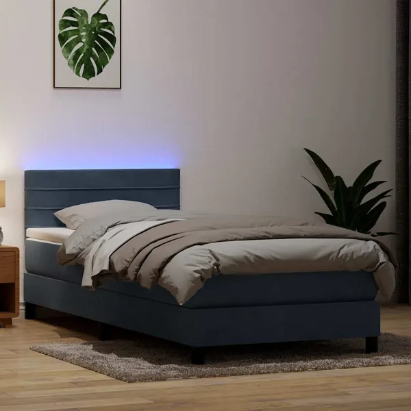 Sommier à lattes de lit et matelas et LED gris foncé 90x220 cm velours